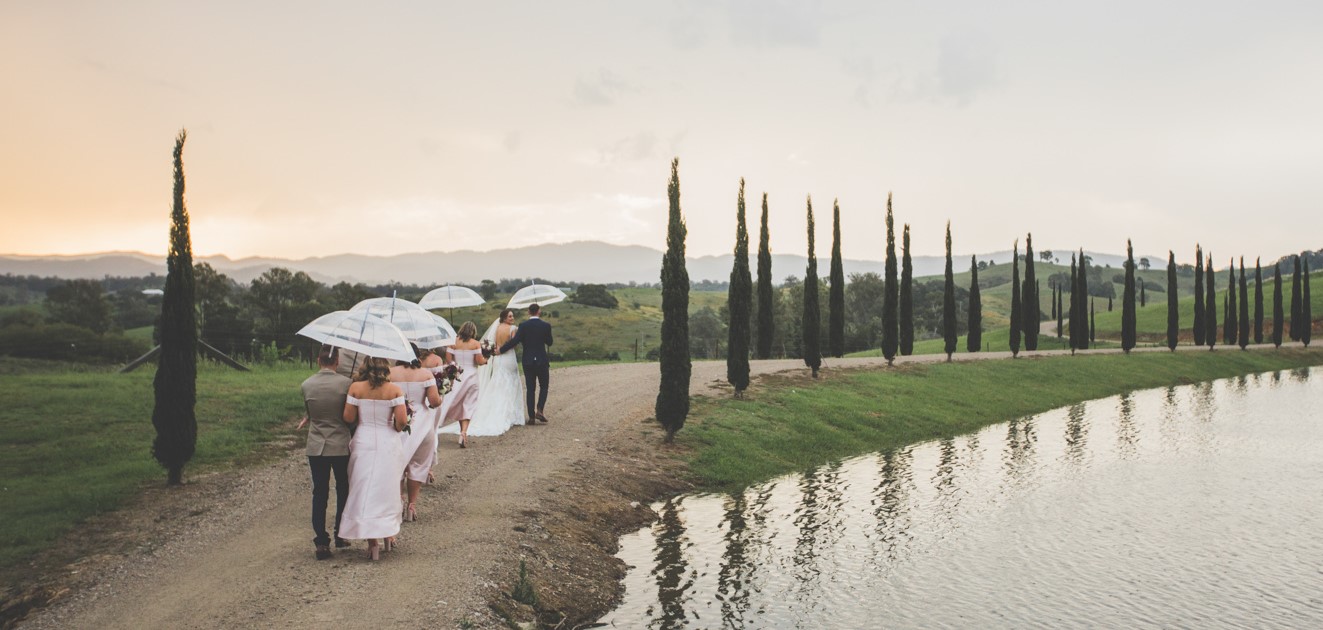 photo of rainy countryside bridal party with parasol umbrellas